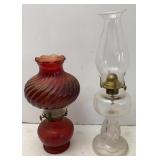 Vtg Crystal Base Queen Anne & Painted Glass Oil
