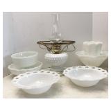 Vtg Milk Glass Decorative Bowls & Lamp