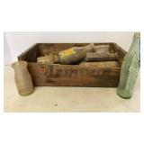 Wooden Box of Antique & Vtg Bottles