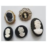 5 Black Cameo Brooches unsigned