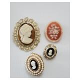 4 Cameo Brooches Unsigned