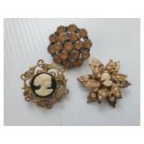 2 Vintage Cameo Brooches & Rhinestone Brooch