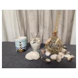 Lighthouse Crock, Sand & Sea Shells & Glass Ball