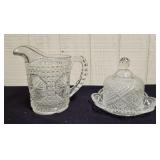 Glass Pitcher &1973 Avon Fostoria covered dish