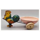 Wyandotte Tin Litho Rooster w/Egg Cart Pull Toy