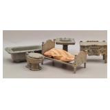 Kilgore Cast Iron Dollhouse Bathroom Set & Bed