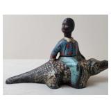 Cast Iron Black Americana Boy Sitting On Alligator