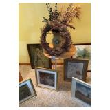 Table, vase, wreath, pictures