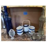 Tea set, paperweights, pressed glass decanters