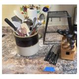 Crock w/ utensils, knife block