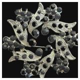 Silver Tone Black Rhinestone Floral Wreath Pin