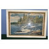 Tranquil Rushing River Landscape/White Frame