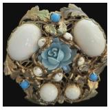 Gold Tone Blue Celluloid Flower Brooch