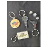 Miscellaneous key chains and 3 thimbles.