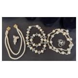 VTG Faux Pearl/Clear Beaded Necklaces, Pins