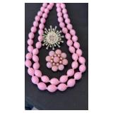 Pink Beaded Necklace and Pins
