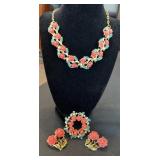 Gold Tone Coral Rose Flower Necklace Set