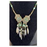 Boho Bib Necklace Faux Turquoise/Gold Tone