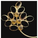 Gold Tone Brooch w/Amber and Black Rhinestones