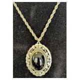 Silver Tone Oval Black Onyx Pendant Necklace