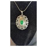 Filigree Pendant w/Green Cabochon