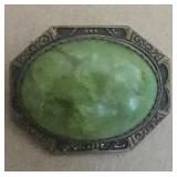 Ornate Brass Brooch w/Vibrant Green Stone