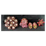 VTG Gold Tone Pink & Red Rhinestone Earrings