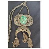 VTG Green/Gold/White Cabochon Tibetan Necklace