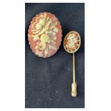 Floral Cameo Brooch and Stick Pin Set