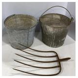 Vtg Galvanized Buckets & Pitch Fork Head
