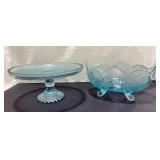 Blue Glass Pedestal Cake Plate & Footed Bowl