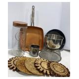Rooster Glass Canister, Colander, trivets