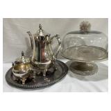 Silver Plate Tea Set & Covered Pedestal Cake