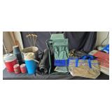 Garden Bench, Galvinized Bucket, Thermoses, Bags