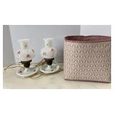 Vtg Milk Glass Nightstand Lamps & Cloth Basket