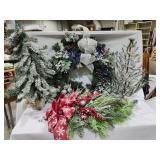 Christmas wreath, flocked trees, swag