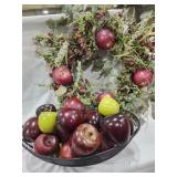 Wire basket, wood apples, wreath