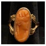 10K yellow gold carved coral Cameo ring