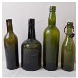 4 Dark Olive Green Glass Bottles, Vintage