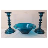 Tiffin Glass "Peacock Blue" Console Set