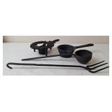 Cast Iron Food Warmer Trivet, Ladle, Forged Fork