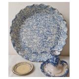 Blue Spongeware Pie Plate, Candle Holder & Plate