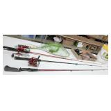 Fishing rods, reels, Plano bait bucket
