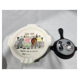 Ashtrays (2), CI skillet, Humorous ceramic