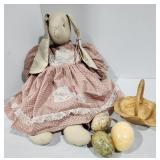 Homemade rabbit, alabaster eggs, basket