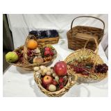 Baskets, plastic and glass fruit