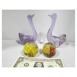 Glass paperweights (2), glass swans(2)