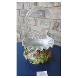 Fenton Vasa Murrhina Rose Green Basket 8'