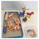 Vtg Miniature Plastic Baby Dolls & Mickey Mouse