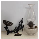 Antique Oil Lamp & Cast Iron Hanger